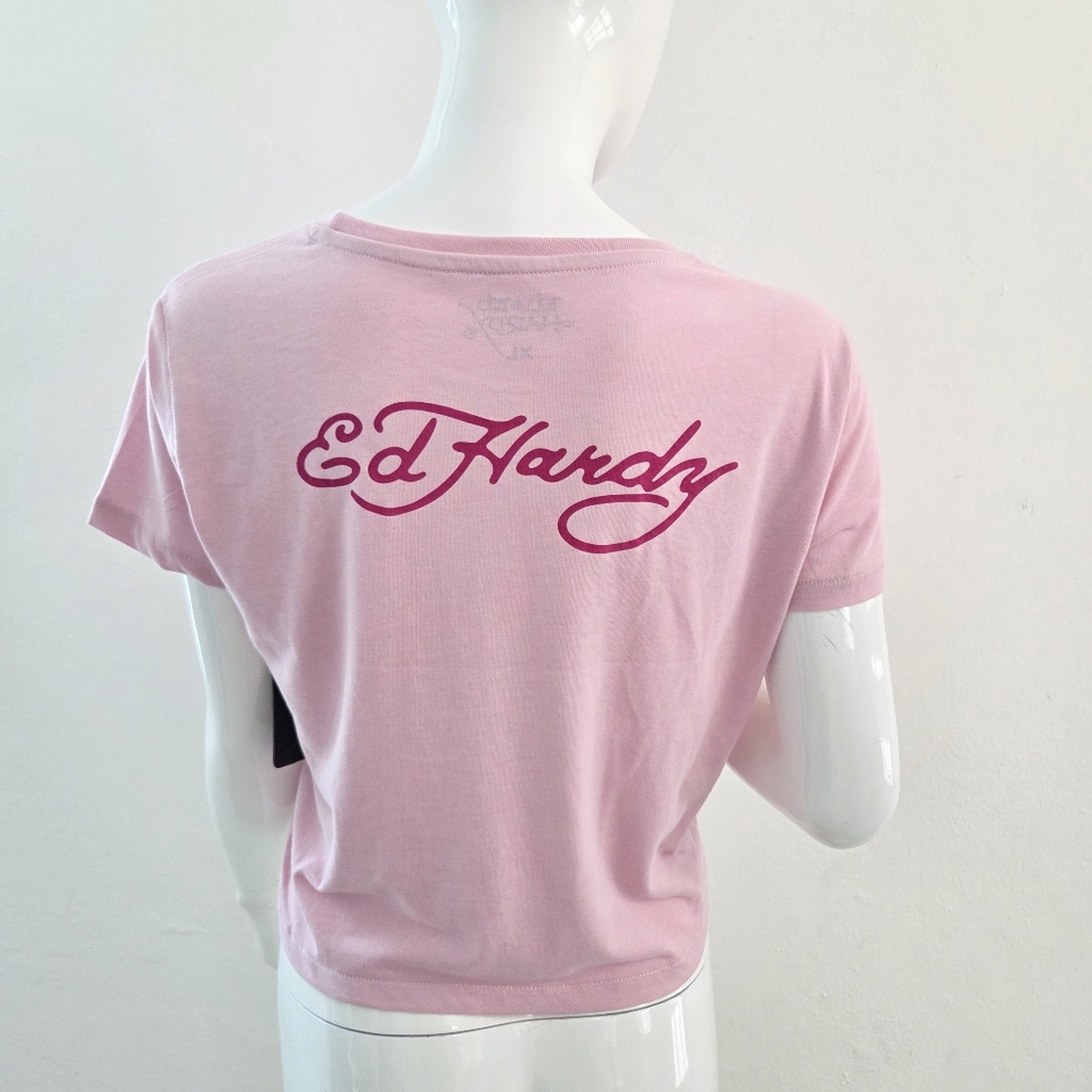 Y2K Ed Hardy Light Pink Snake Skull Tattoo Graphic Art XLarge Cropped Tee NYC - Picture 8 of 15